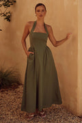 Fashion Halter Neck Long Dresses Women - Dark-green / XL