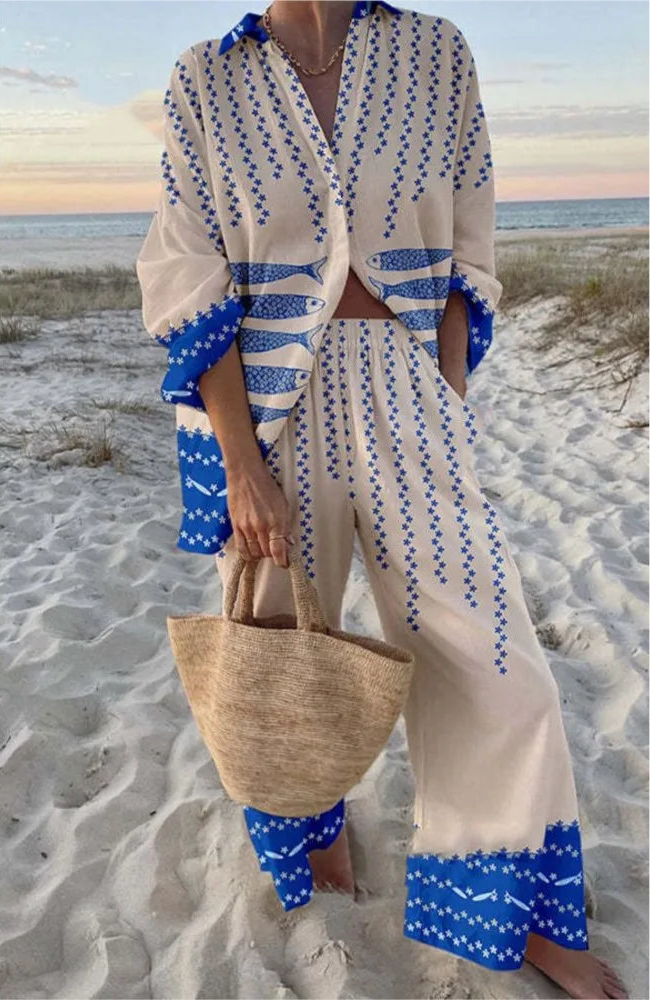 Fashion Holiday Set Lady Casual Print Long Sleeve Shirts Top + High Waist Wide Leg Pants