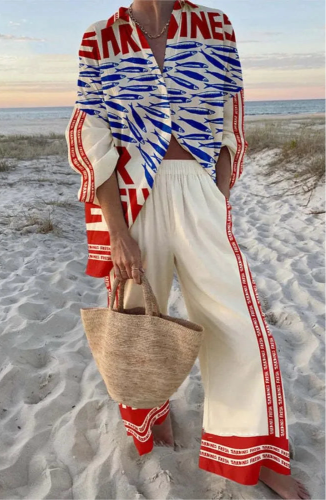 Fashion Holiday Set Lady Casual Print Long Sleeve Shirts Top + High Waist Wide Leg Pants