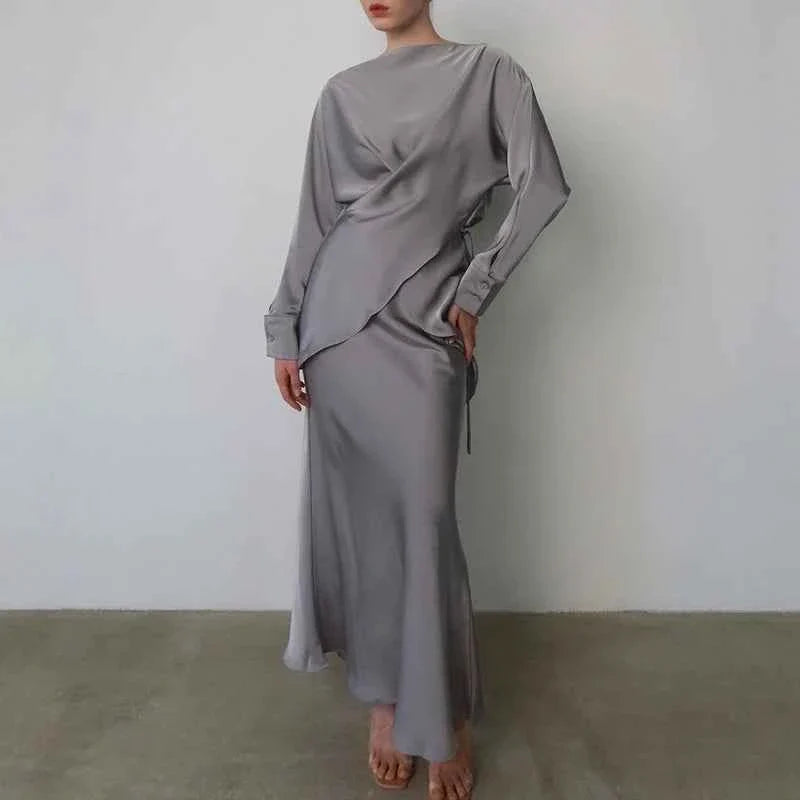 Fashion Long Sleeve Two Piece Casual Temperament Satin Women's Set