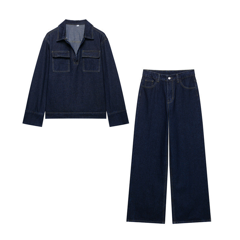 Fashion Loose Blue Denim 2-piece Set Vintage Long Sleeve Shirt Trousers - Other