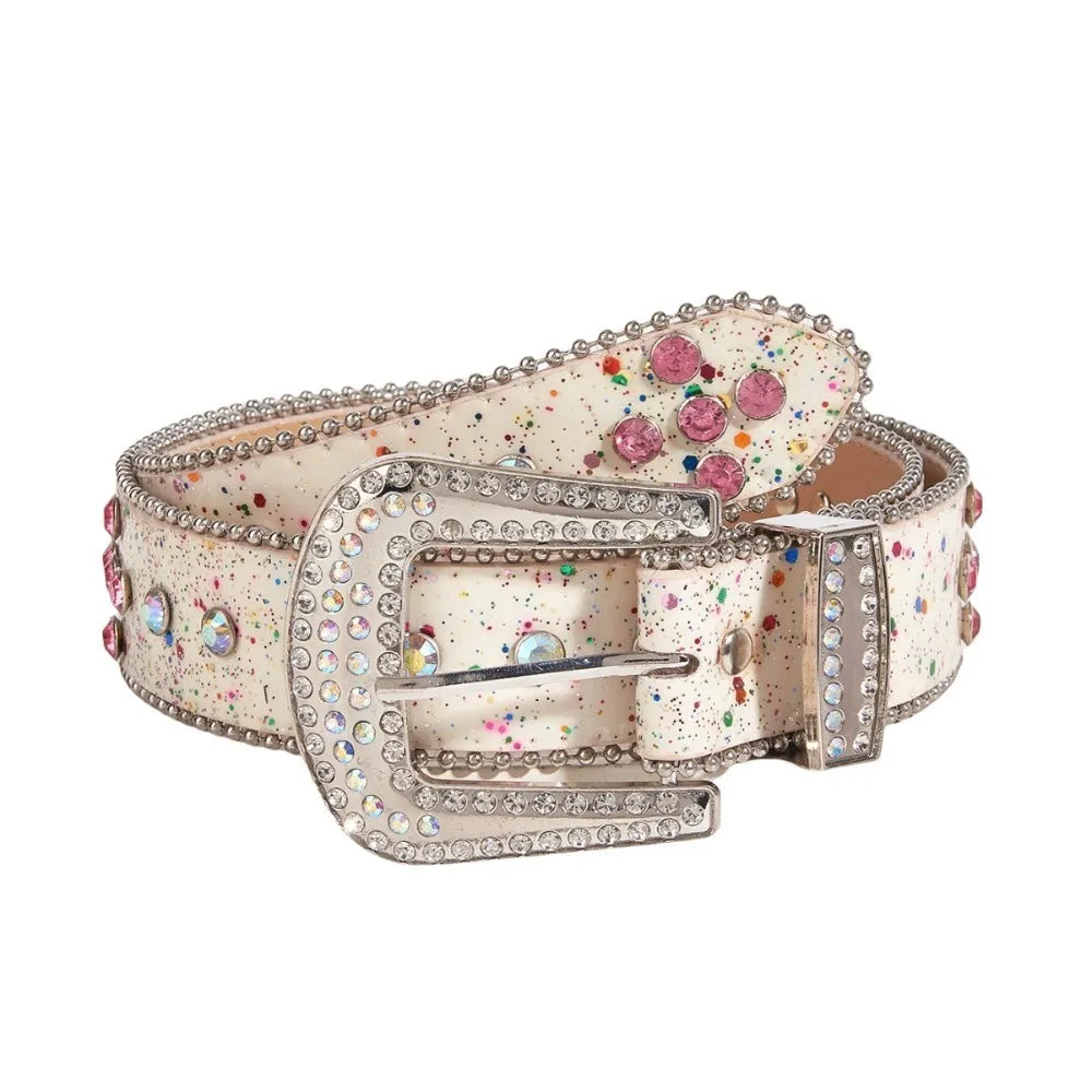 Fashion Sequin Rhinestone Waistband Gradient Pink Belt - White