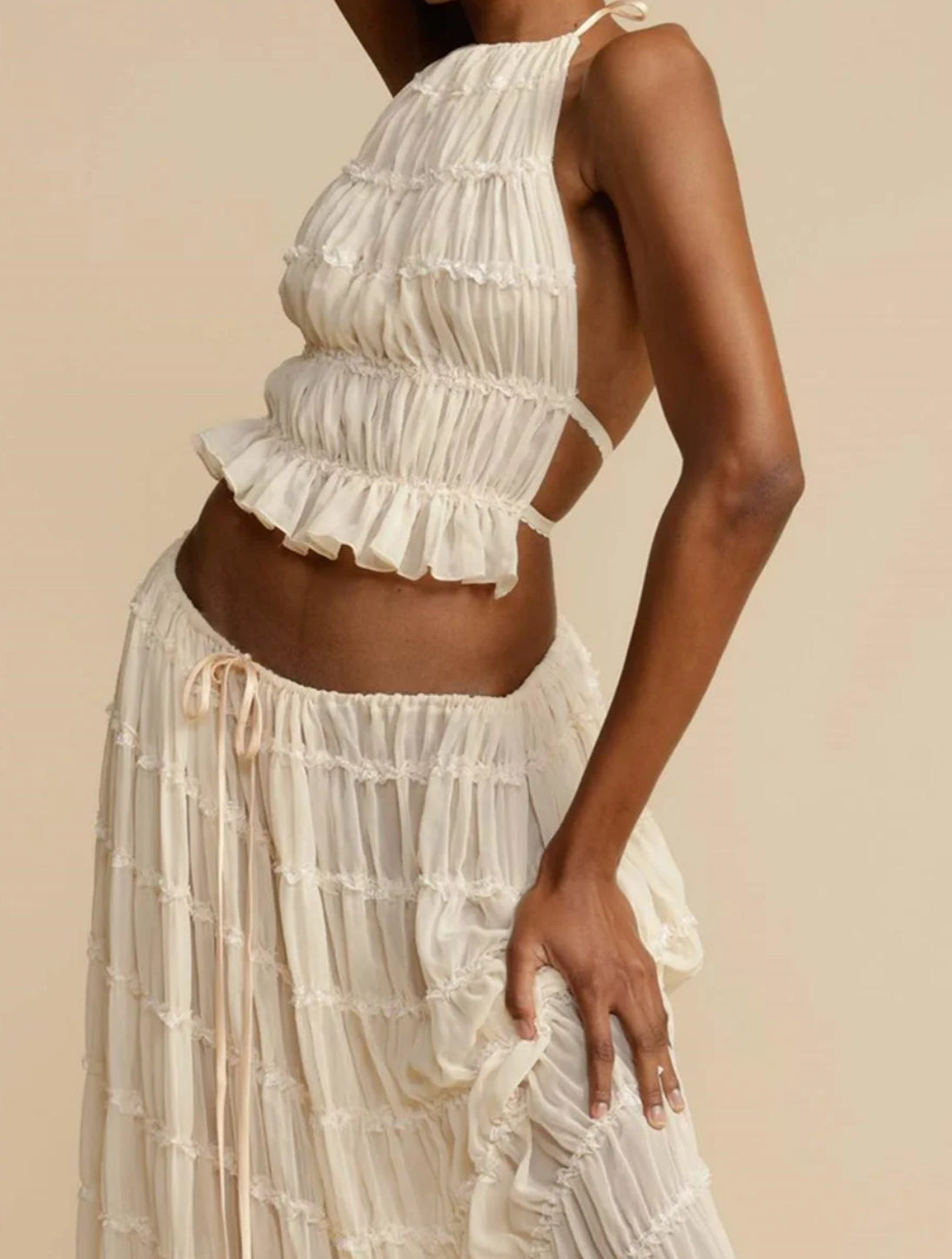 Fashion Solid Halter Neck Long Skirt Suit Women