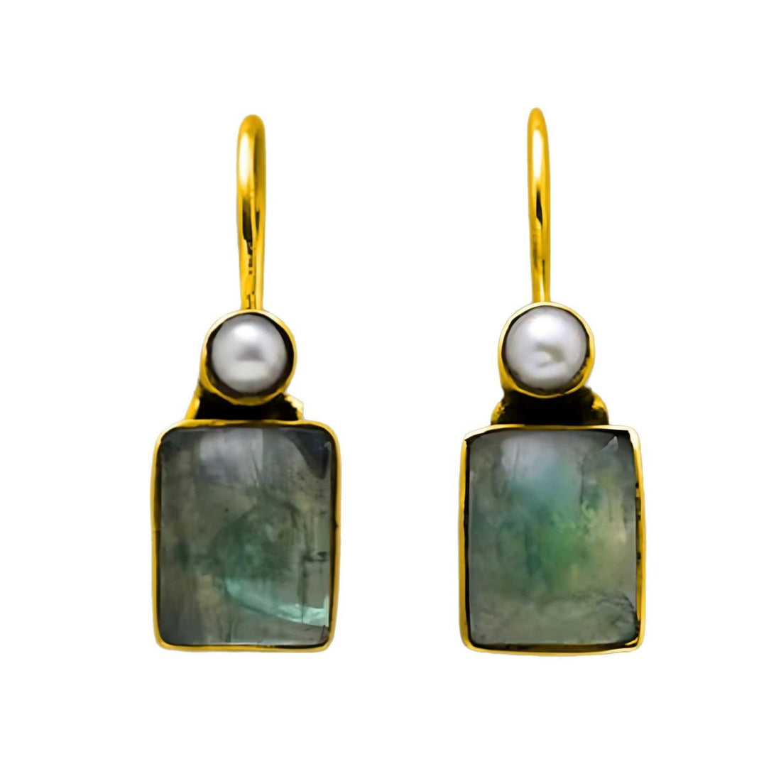 Fashion Square Green Stone Pearl-studded Earrings - Gold - electronic accessories