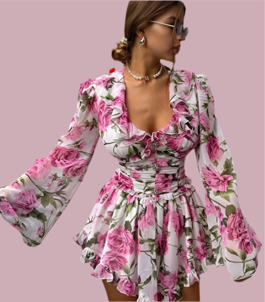 Fashion White Print Women’s Dress Elegant V-Neck Ruffled Long Sleeve