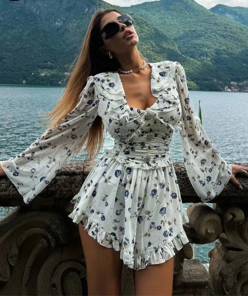 Fashion White Print Women’s Dress Elegant V-Neck Ruffled Long Sleeve