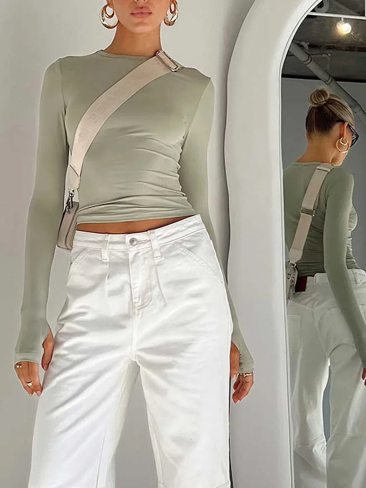 Fashion Women T-shirt Long Sleeve Crew Neck Solid Slim Fit Ladies Crop - Other