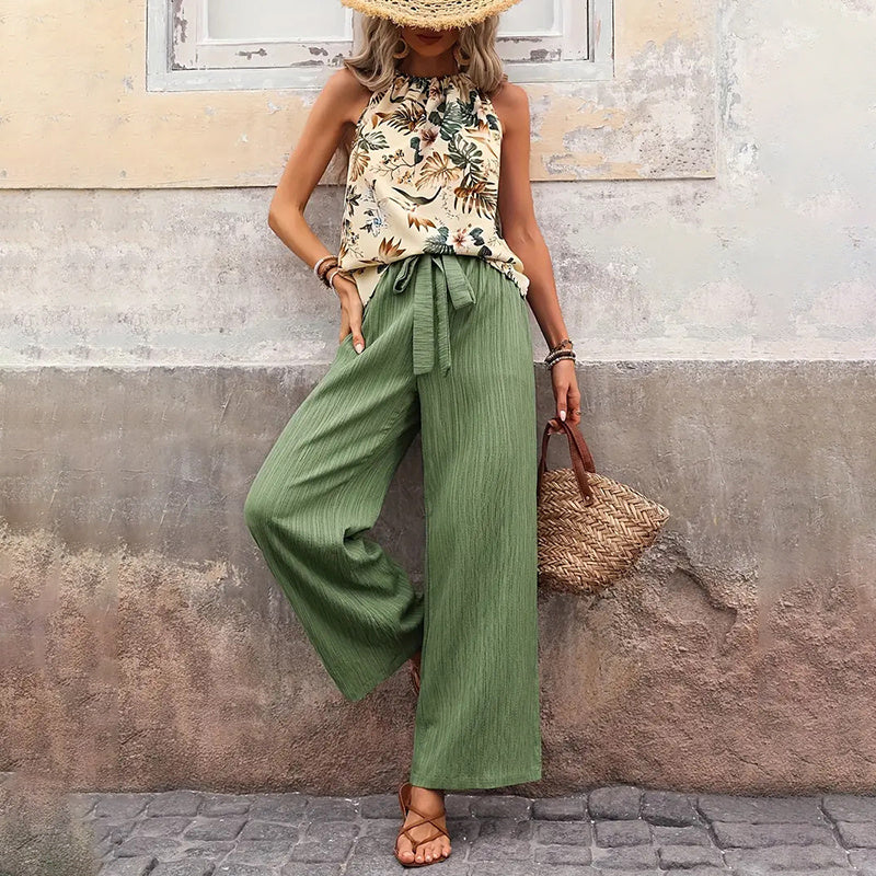 Women's 2 Piece Outfits Casual Sleeveless Halter Neck Crop Tops Wide Leg Pants Set - Norellé