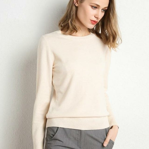 Female Slim O-neck Pullover Cashmere Wool Blending Sweater - S / Beige - Sweaters & Hoodies
