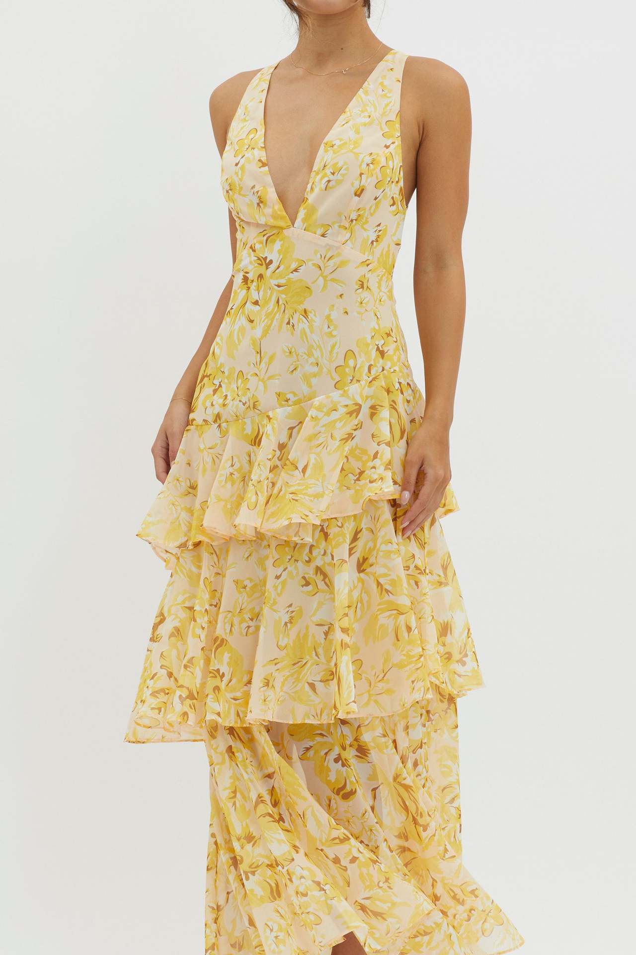 Women's Spaghetti-strap Floral Print Backless Multi-layer V-neck Dress - Norellé