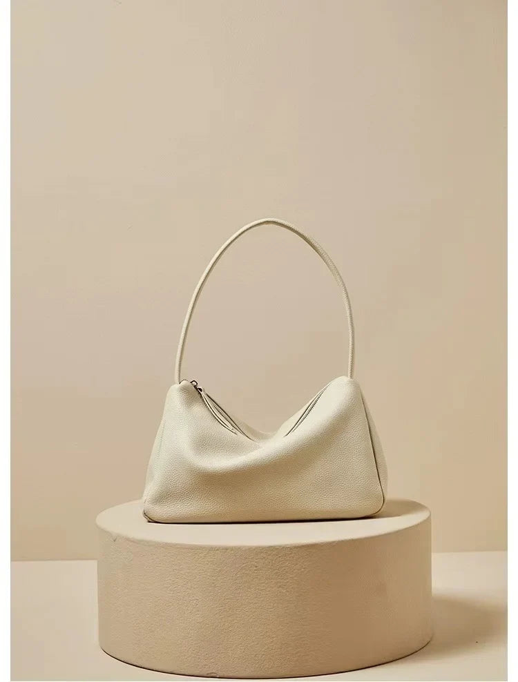 First Layer Cowhide French Single Shoulder Underarm Bag - Ivory
