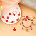 Five Petal Flower 5-piece Necklace Brace Lace Bracelet Stud Earrings Ring - Red / 18K - electronic accessories