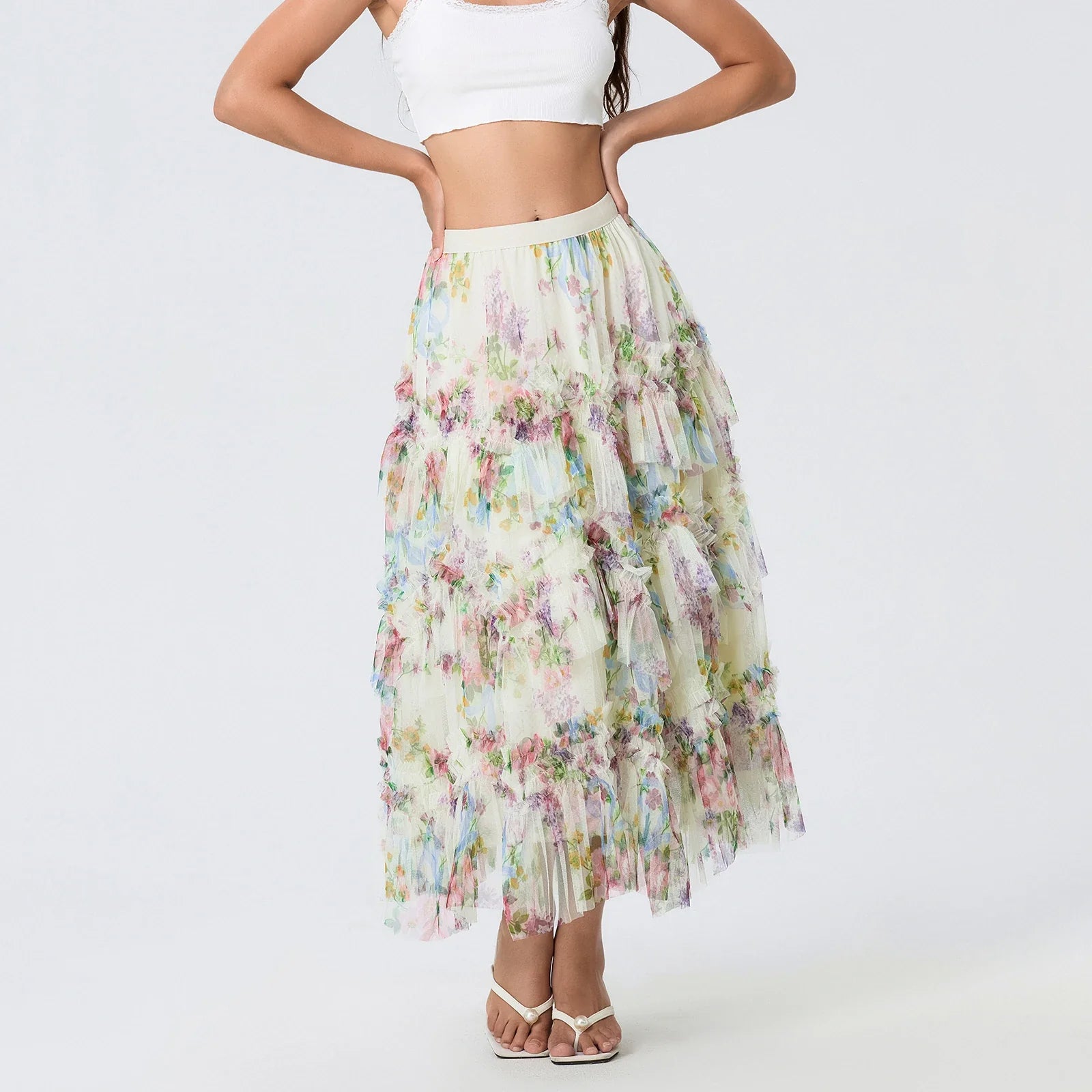 Floral Print Ruffle Mesh Skirt Women