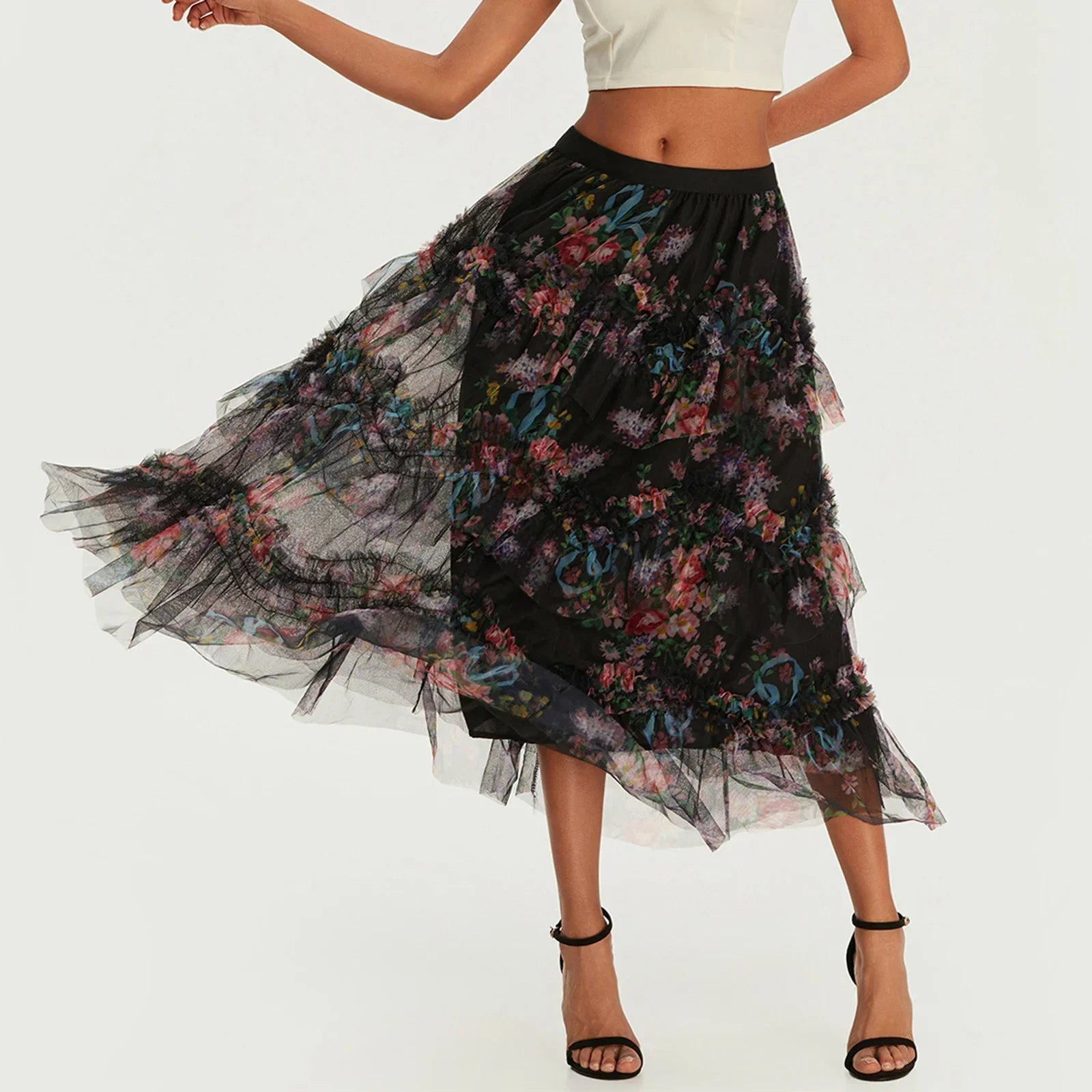 Floral Print Ruffle Mesh Skirt Women