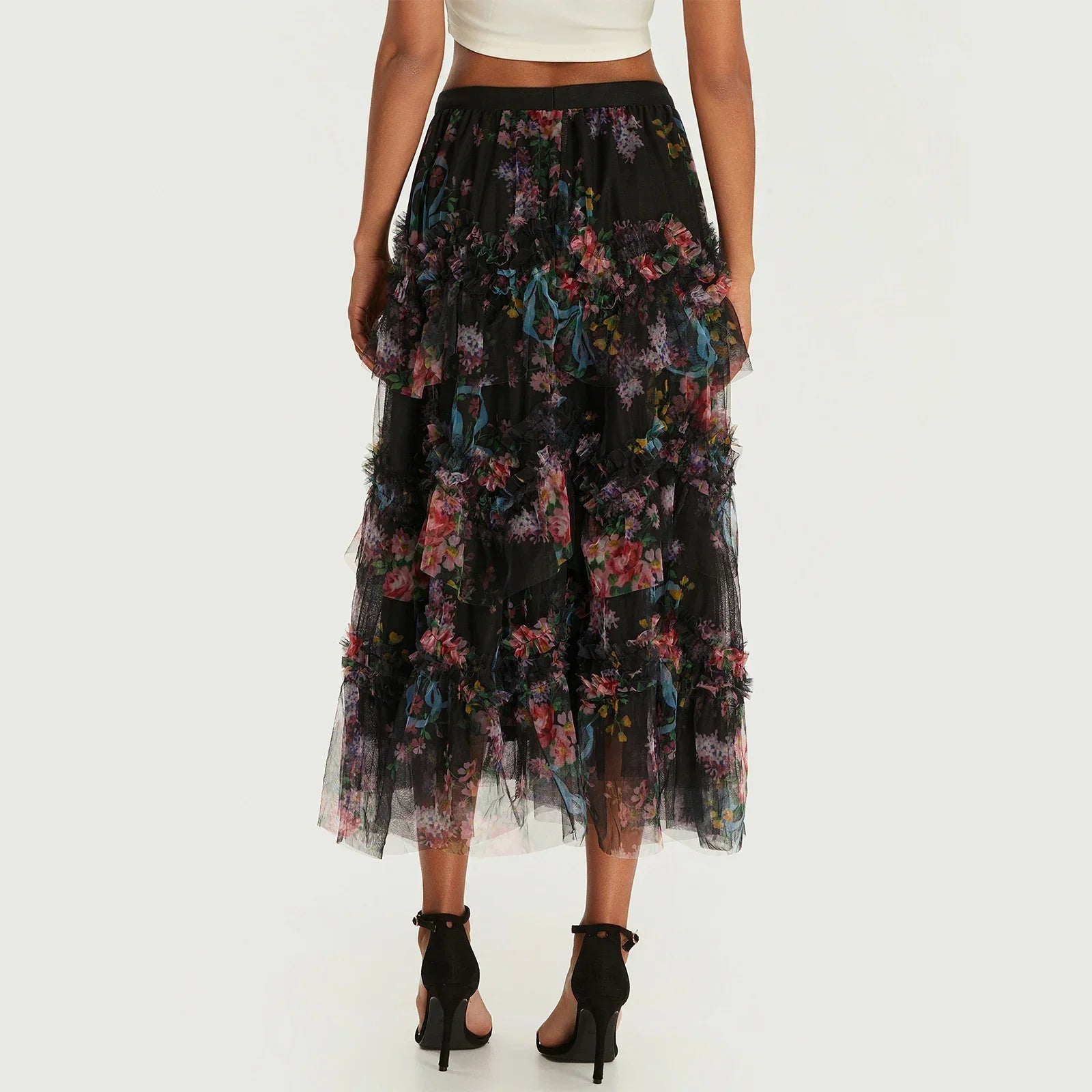 Floral Print Ruffle Mesh Skirt Women