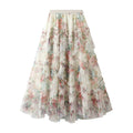 Floral Print Ruffle Mesh Skirt Women - Beige / XL