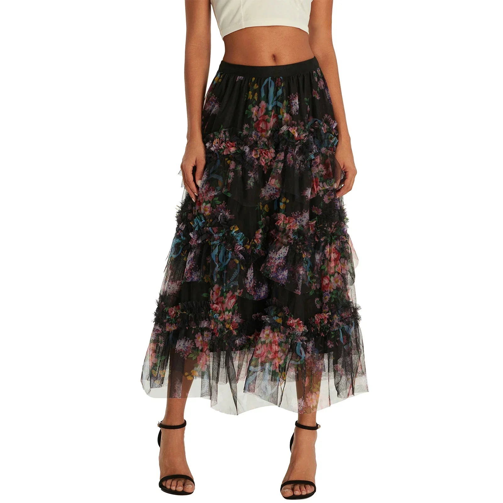 Floral Print Ruffle Mesh Skirt Women - black / L