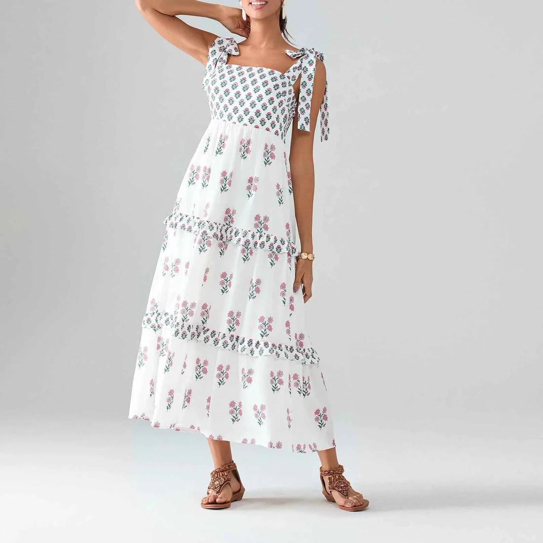 Flower Print Tie Strap Swing Dress Women A-Line Square Neck