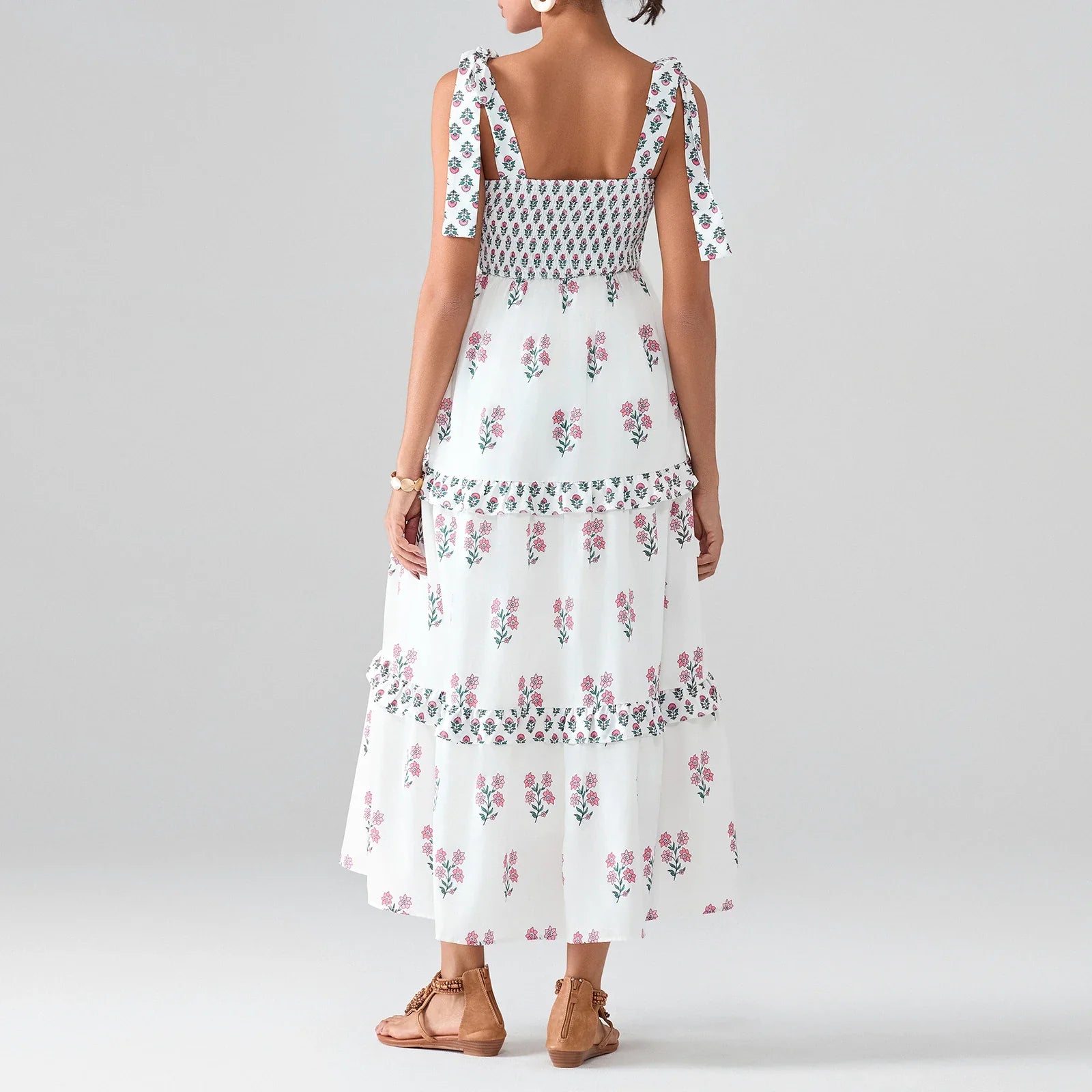 Flower Print Tie Strap Swing Dress Women A-Line Square Neck