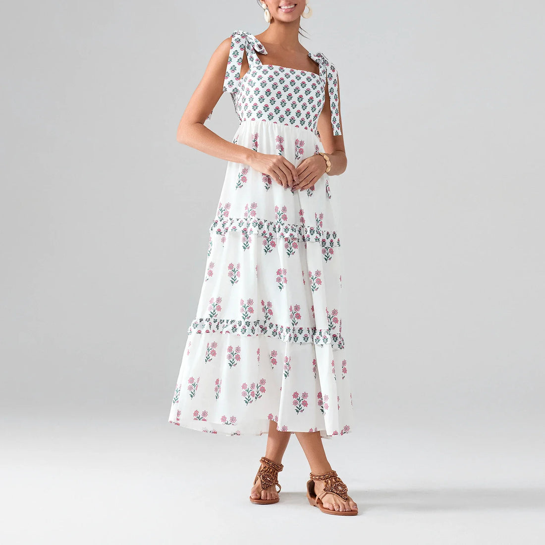 Flower Print Tie Strap Swing Dress Women A-Line Square Neck