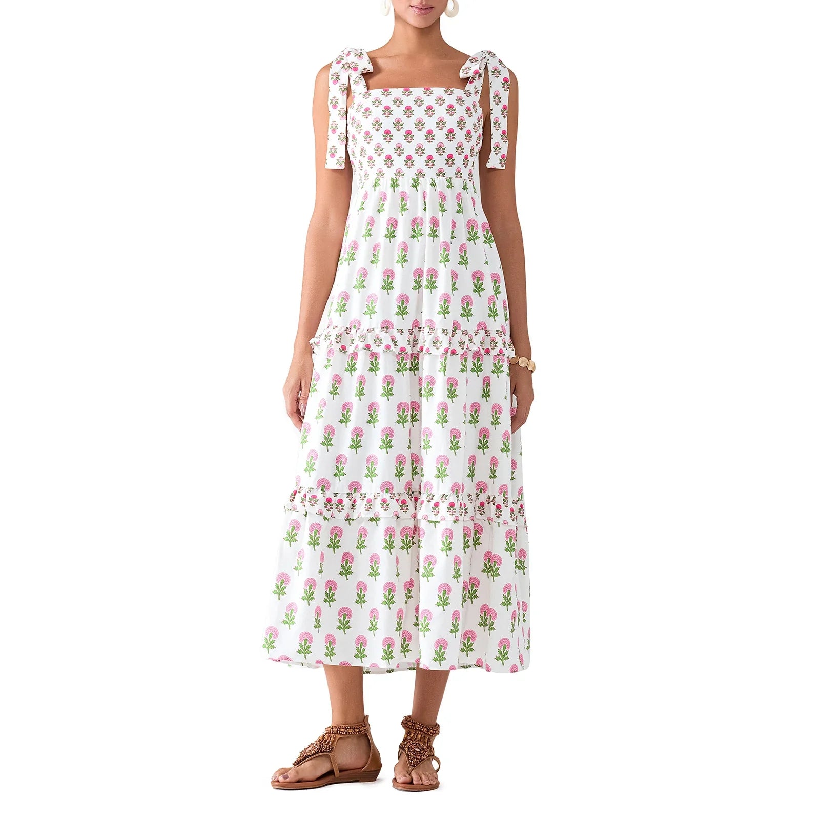 Flower Print Tie Strap Swing Dress Women A-Line Square Neck - MULTI / M