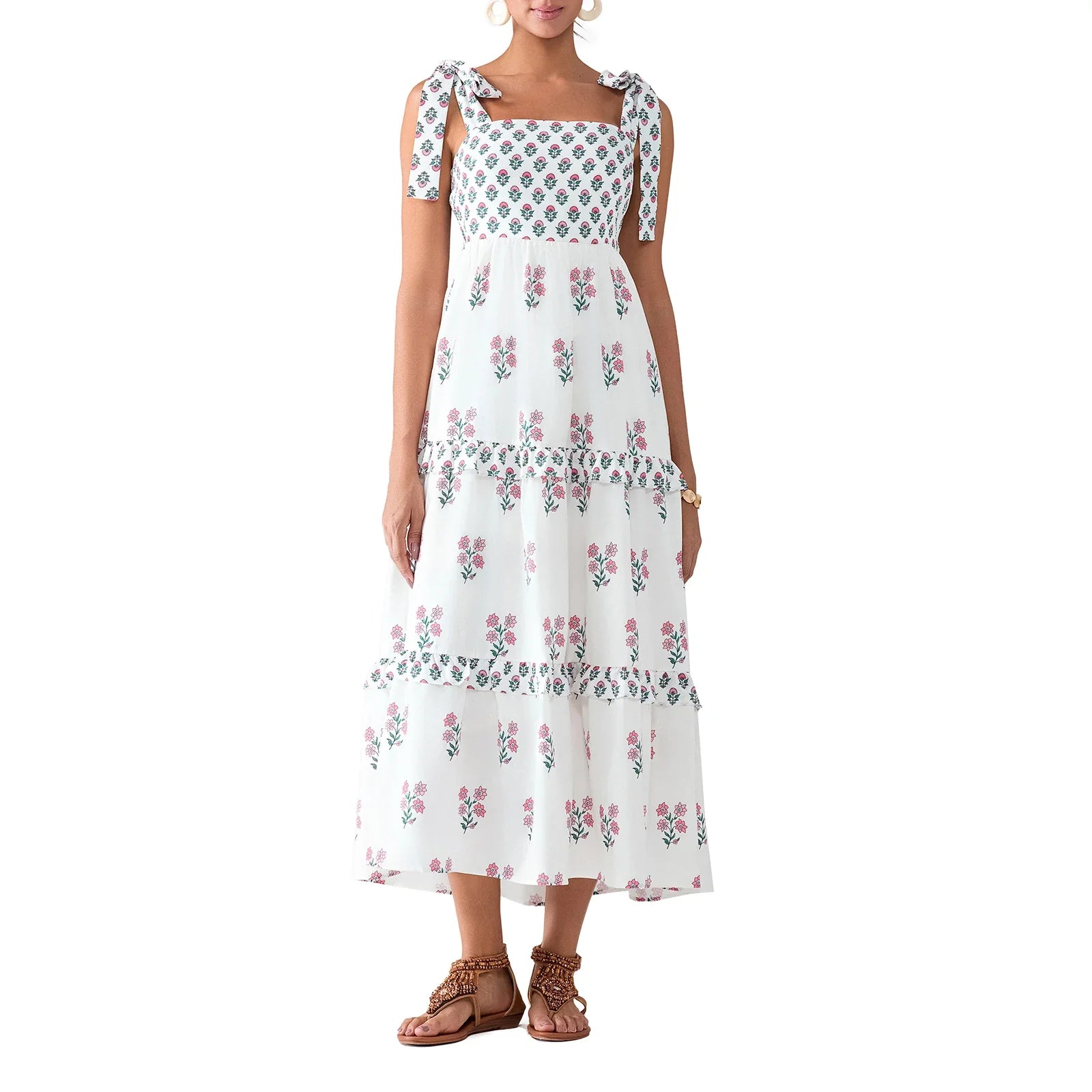 Flower Print Tie Strap Swing Dress Women A-Line Square Neck - Pink / M