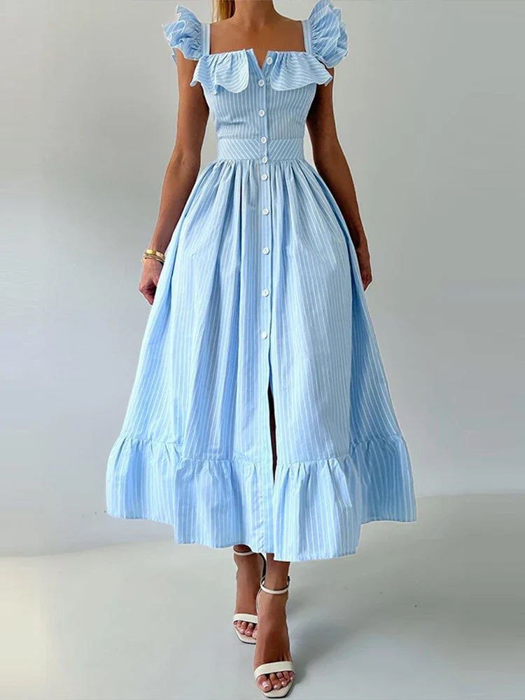 Flying Sleeve Ruffle Striped Slip Long Dress Women