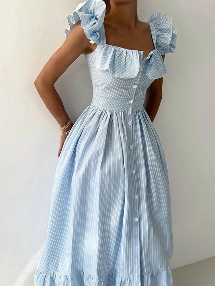 Flying Sleeve Ruffle Striped Slip Long Dress Women - Blue / S