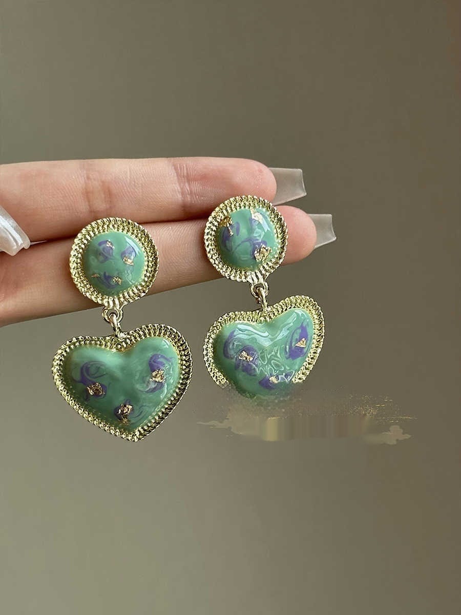 French Retro Green Heart Stud Earrings - A Pair Of 925 Ear Studs - electronic accessories