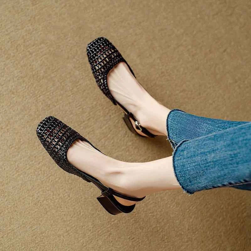 French Square-toed Woven High-heeled Sandals