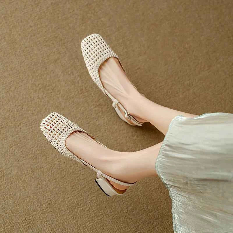French Square-toed Woven High-heeled Sandals
