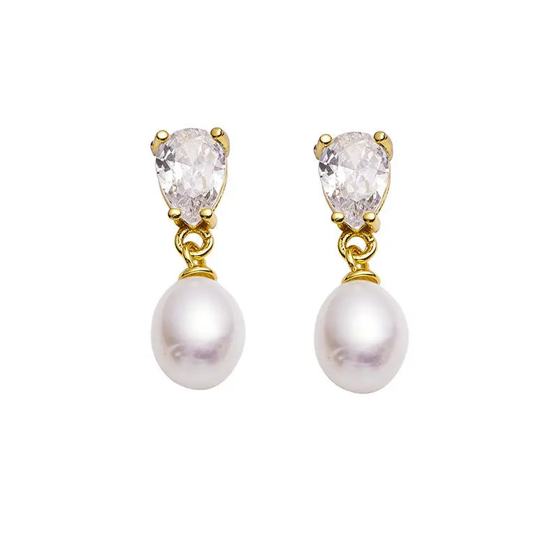 Freshwater Pearl Water Drop Pear-shaped Zircon Earrings - White Gold Color - electronic accessories