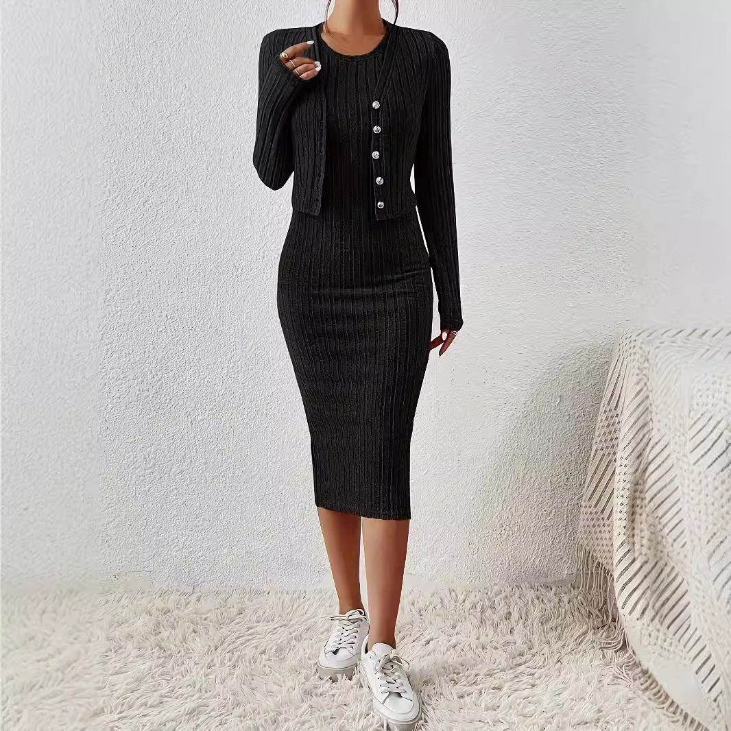 Front Button Cropped Top And Slim Fit Dress - electronic accessories