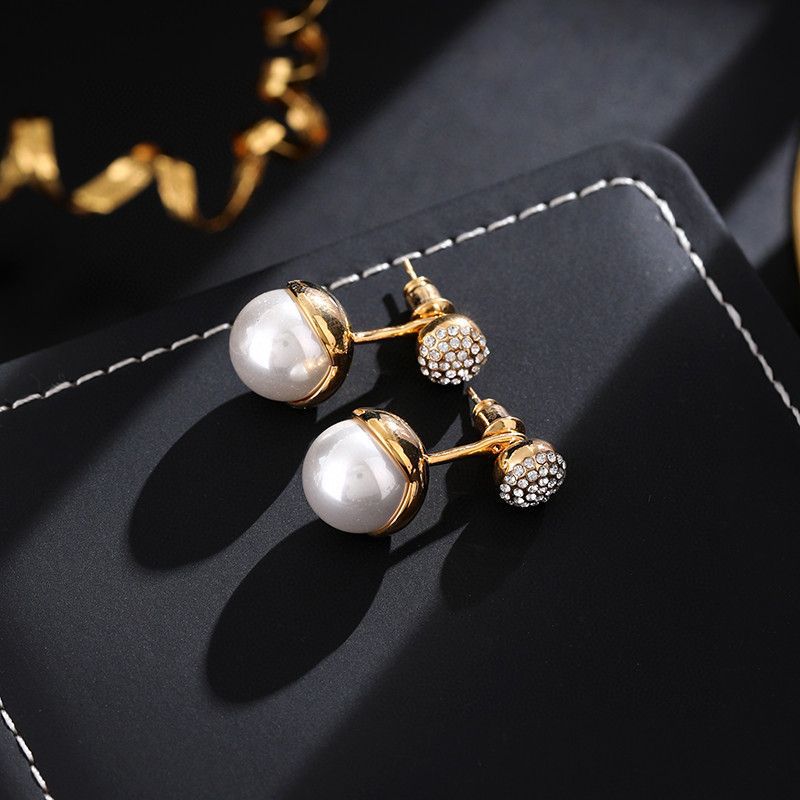 Gem Ball And Glass Pearl Pendant Stud Earrings - Gold 7618 - electronic accessories