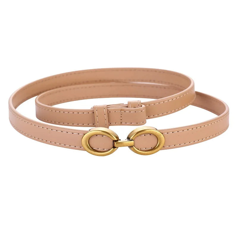 Genuine Leather Classic Oval Buckle Thin Belt - apricot / 100cm