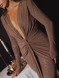 Glitter Deep V Neck Maxi Dress For Women Elegant Sparkle - Other