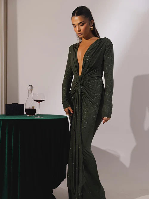 Glitter Deep V Neck Maxi Dress For Women Elegant Sparkle - S / army green - Other