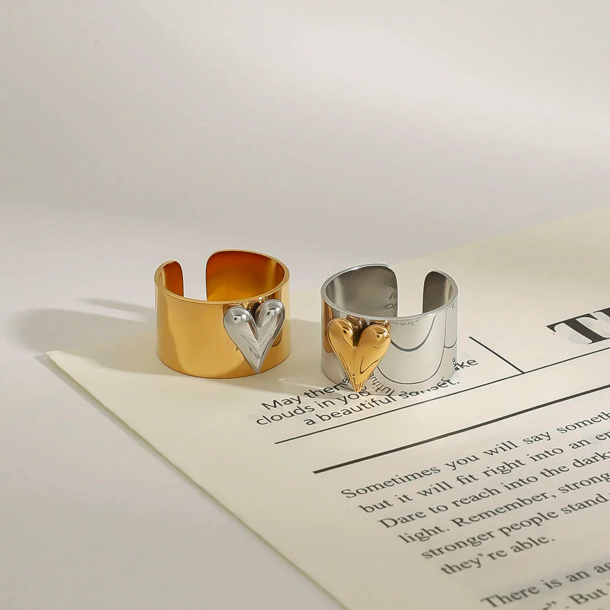 Gold And Silver Color Large Heart Cocktail Ring Ajustable