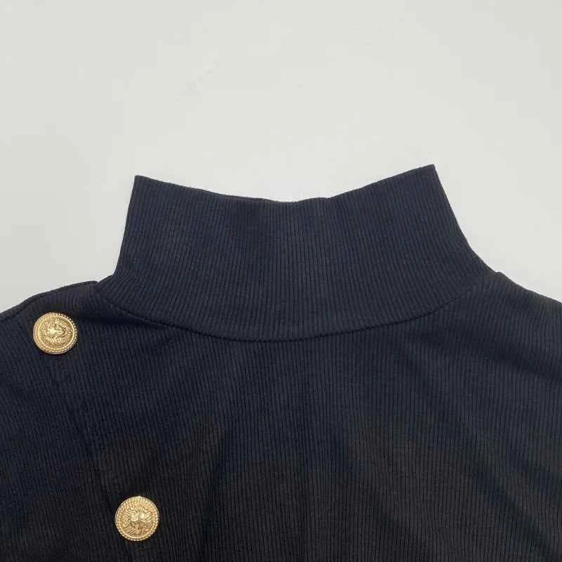 Gold Button Pullover Black Top for Women