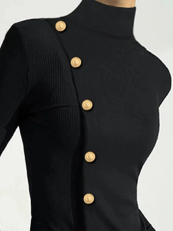 Gold Button Pullover Black Top for Women