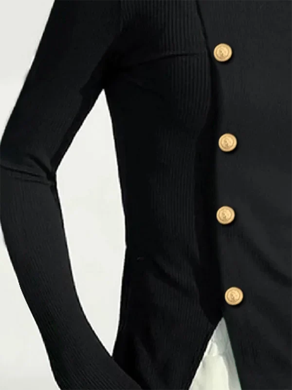 Gold Button Pullover Black Top for Women