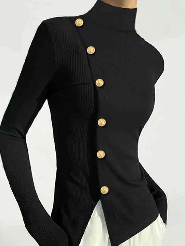 Gold Button Pullover Black Top for Women