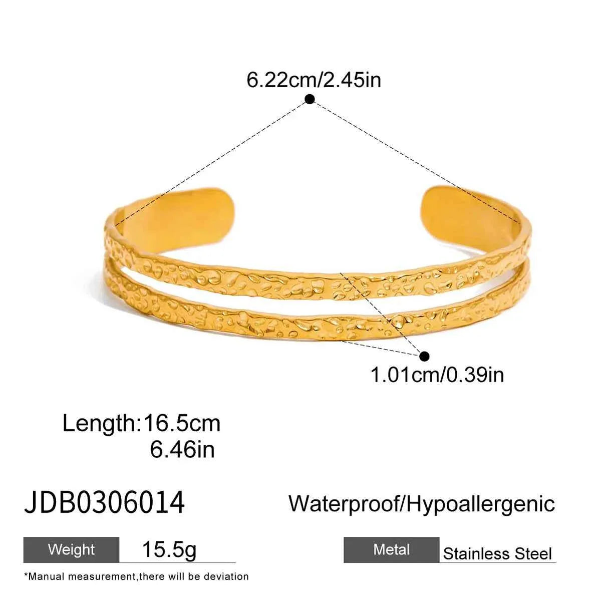 Gold Color Plated Stainless Steel Hammer Pattern Double Layer Bracelet