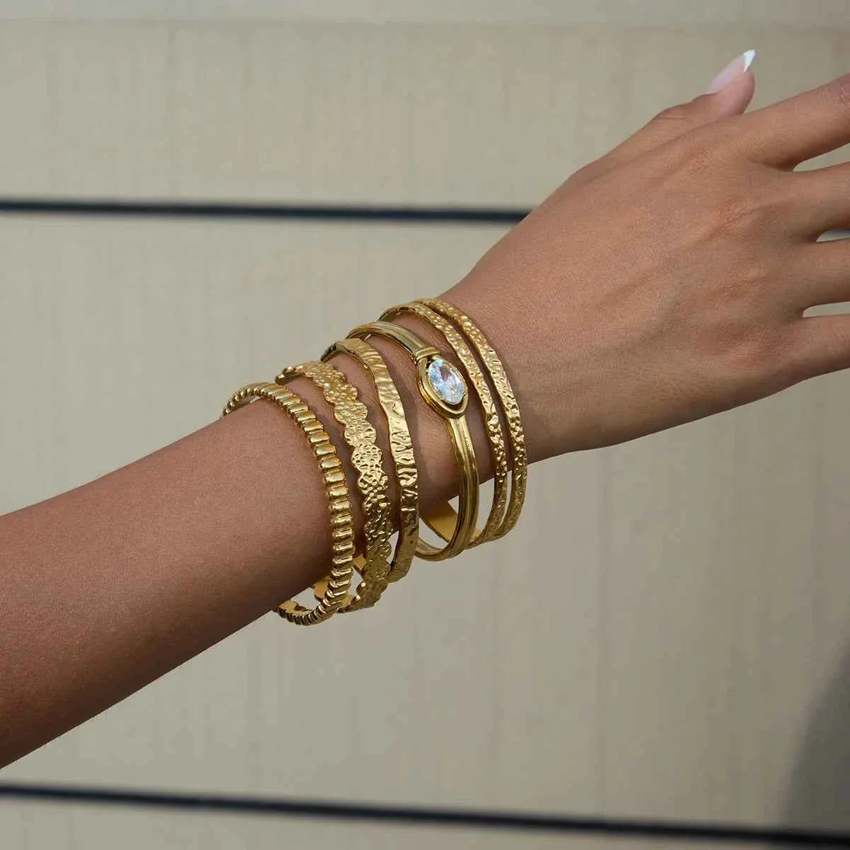 Gold Color Plated Stainless Steel Hammer Pattern Double Layer Bracelet