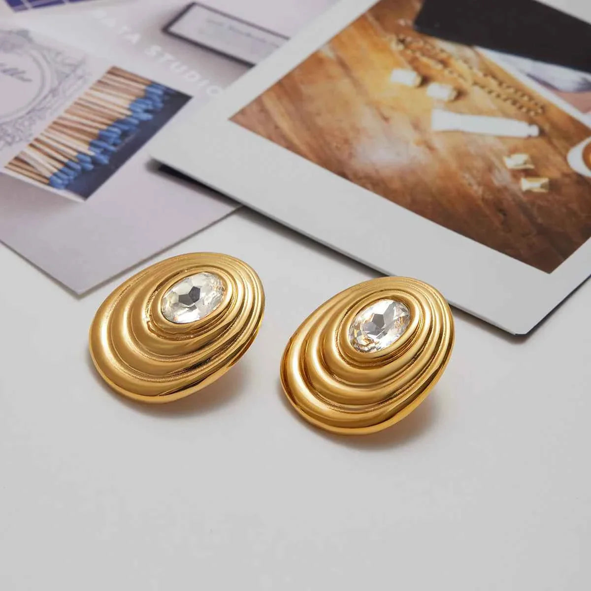 Gold Color Plated Stainless Steel Round White Zircon Ribbed Round Ear Studs