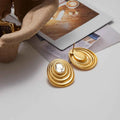 Gold Color Plated Stainless Steel Round White Zircon Ribbed Round Ear Studs