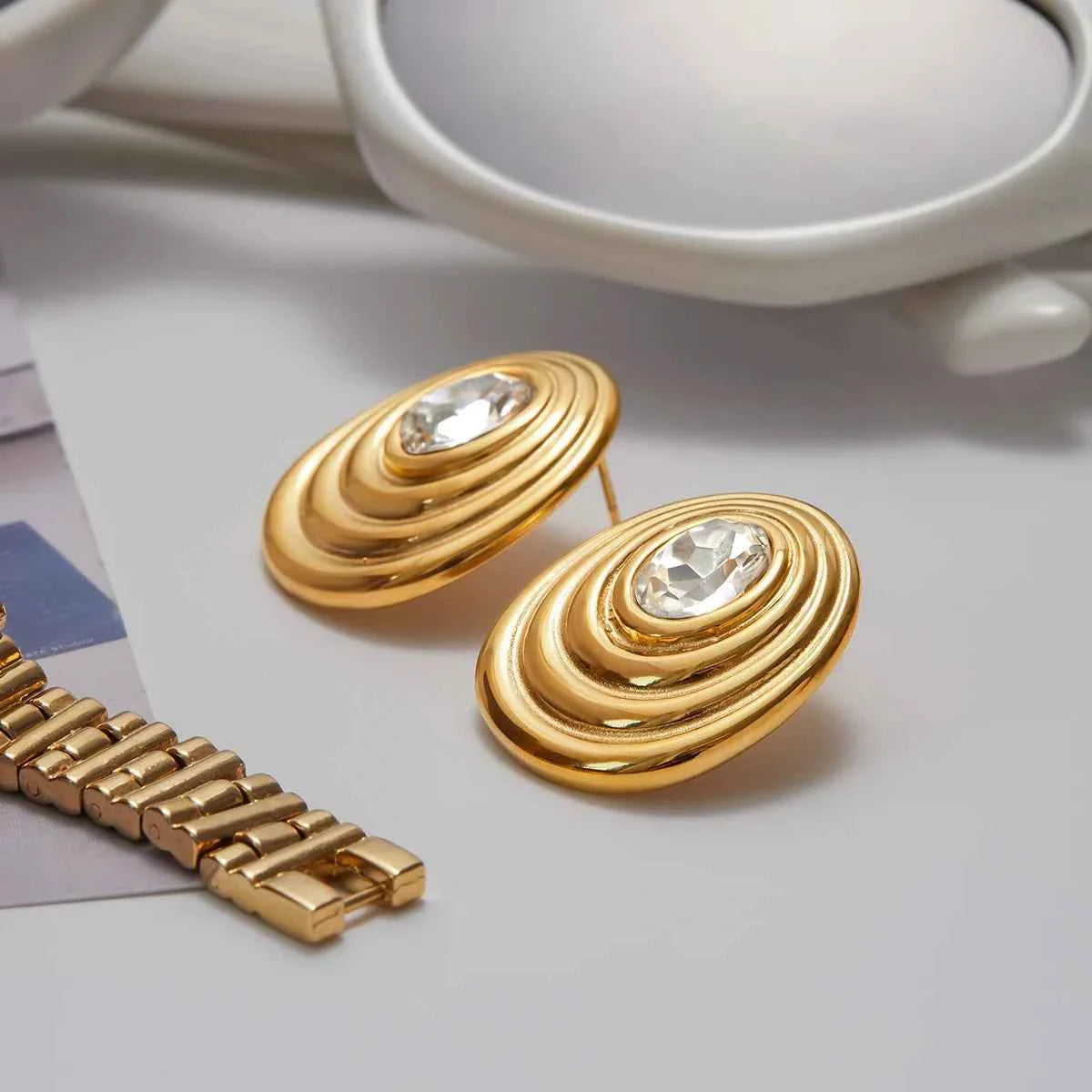 Gold Color Plated Stainless Steel Round White Zircon Ribbed Round Ear Studs