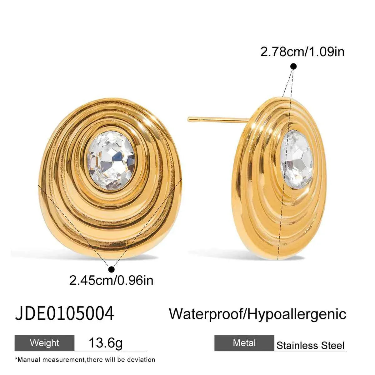 Gold Color Plated Stainless Steel Round White Zircon Ribbed Round Ear Studs