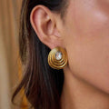 Gold Color Plated Stainless Steel Round White Zircon Ribbed Round Ear Studs