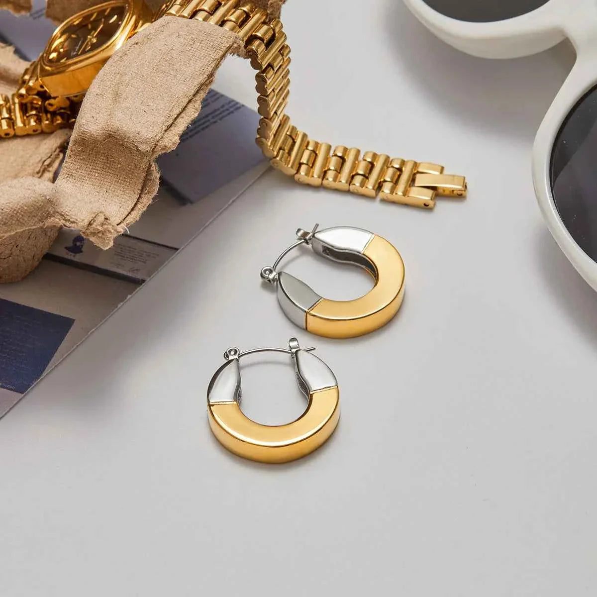 Gold Color Plated Stainless Steel Two tone Geometric Smooth Earrings